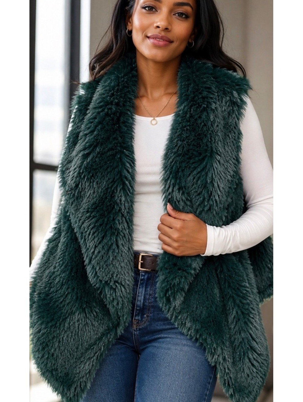 Jolt Faux Fur Open Front Vest Teal Green Size M